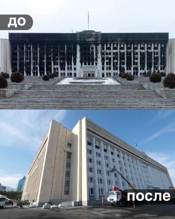 Сгоревший в Кантаре акимат Алматы отремонтировали: фото до и после