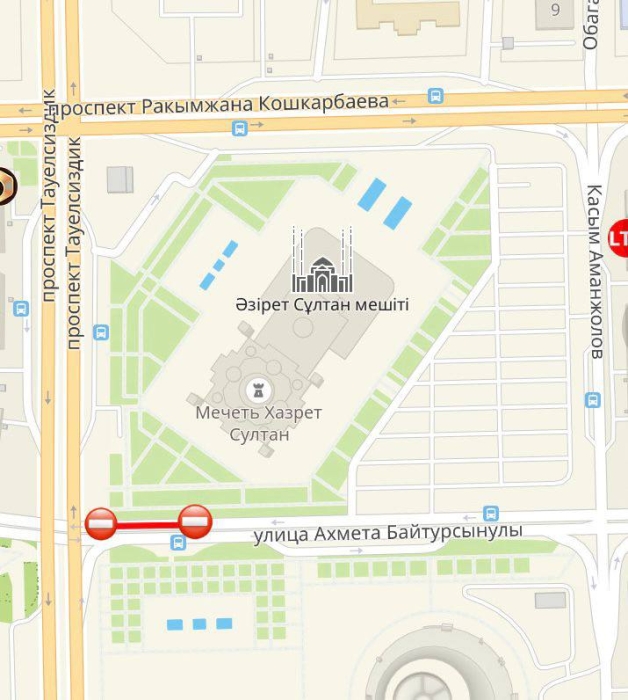 Участок дороги у мечети Хазрет Султан временно перекроют в Астане
Участок дороги у мечети Хазрет Султан временно перекроют в Астане